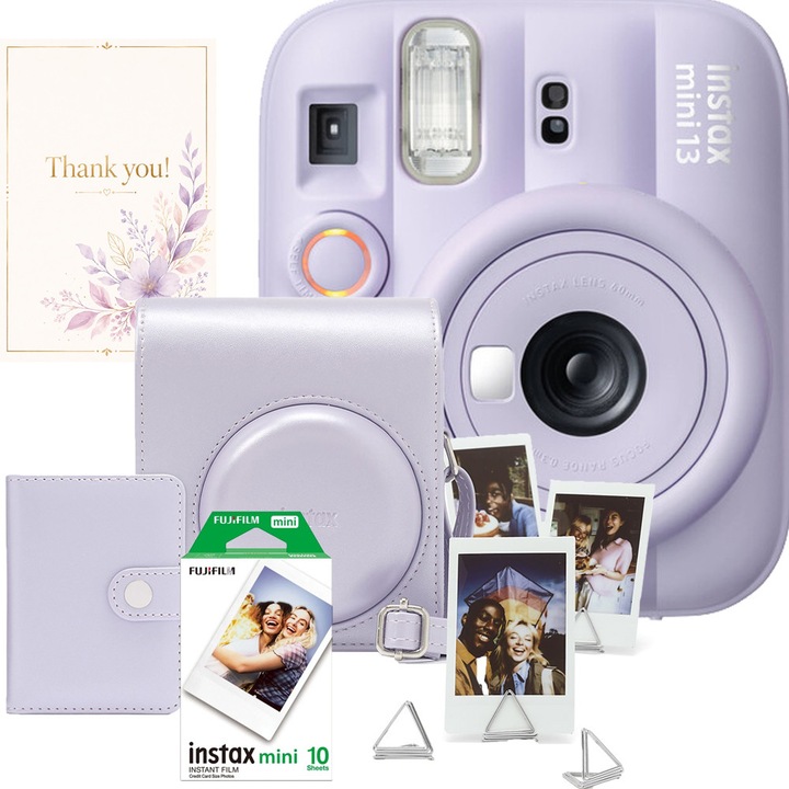 Fujifilm instax mini 13 Dreamy Purple fényképezőgép szett, lila + 10 db-os film + tok + album + fotótartó + üdvözlőkártya