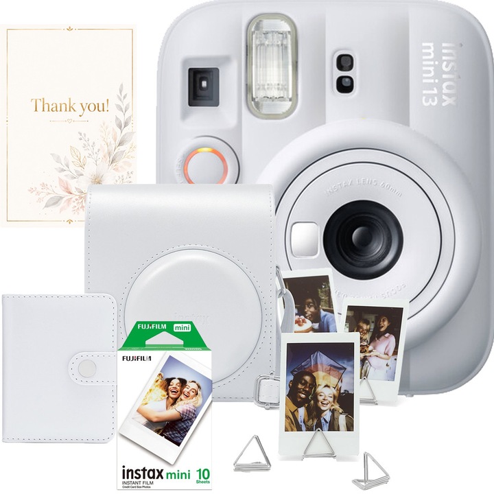 Fujifilm instax mini 13 Clay White fényképezőgép szett, fehér + 10 db-os film + tok + album + fotótartó + üdvözlőkártya