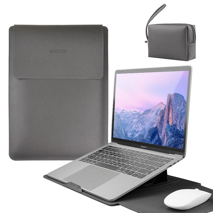Set Husa Laptop 15-16 inch, NAXSIR, Portabil, impermeabil, Piele Ecologica, Compatibila cu MacBook Air, MacBook Pro, Gri