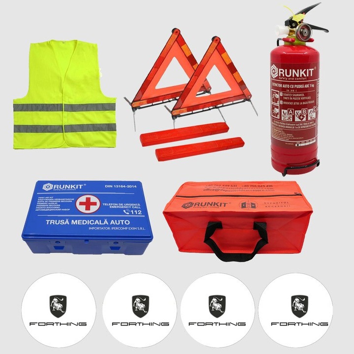 Kit siguranta auto Cri-Flo, Omologat R.A.R, Valabilitate 5 ani, 1x Trusa Prim Ajutor, 2 x Triunghiuri, 1x Stingator tip Spray, 1x Vesta reflectorizanta, Geanta pentru depozitare, 4 Stickere auto cu Forthing