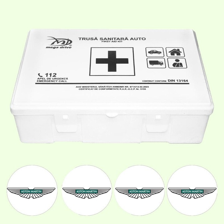 Trusa Medicala Auto Omologata R.A.R De Prim Ajutor, 20 de Articole medicale DIN 13164, 4x Stickere Auto Cu Aston-Martin