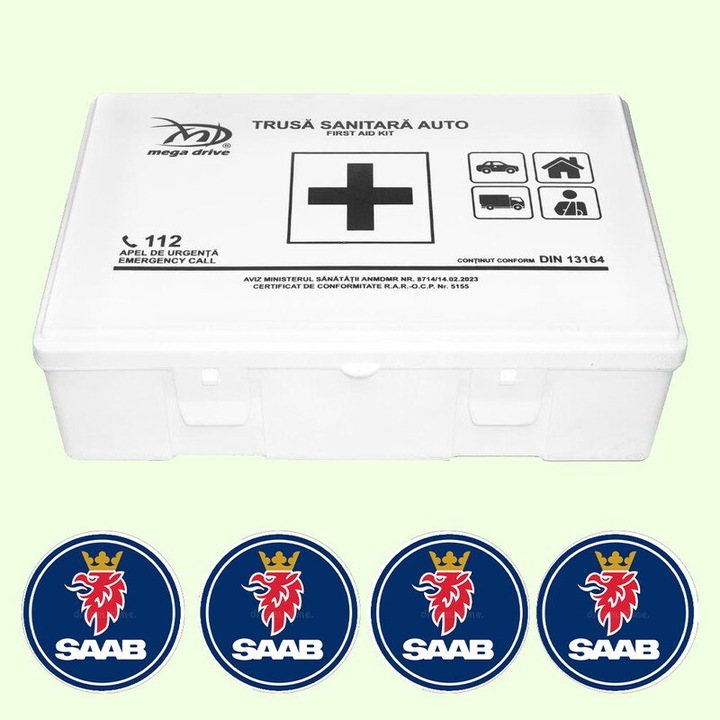 Trusa Medicala Auto Omologata R.A.R De Prim Ajutor, 20 de Articole medicale DIN 13164, 4x Stickere Auto Cu Saab