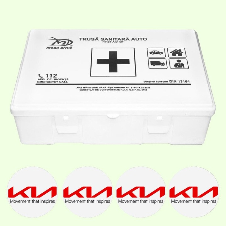 Trusa Medicala Auto Omologata R.A.R De Prim Ajutor, 20 de Articole medicale DIN 13164, 4x Stickere Auto Cu Kia
