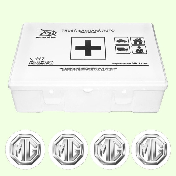 Trusa Medicala Auto Omologata R.A.R De Prim Ajutor, 20 de Articole medicale DIN 13164, 4x Stickere Auto Cu Mg
