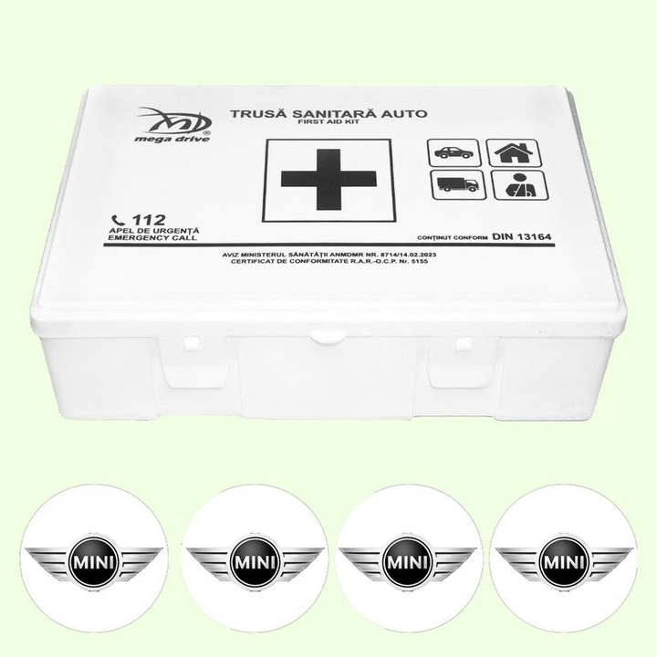 Trusa Medicala Auto Omologata R.A.R De Prim Ajutor, 20 de Articole medicale DIN 13164, 4x Stickere Auto Cu Mini