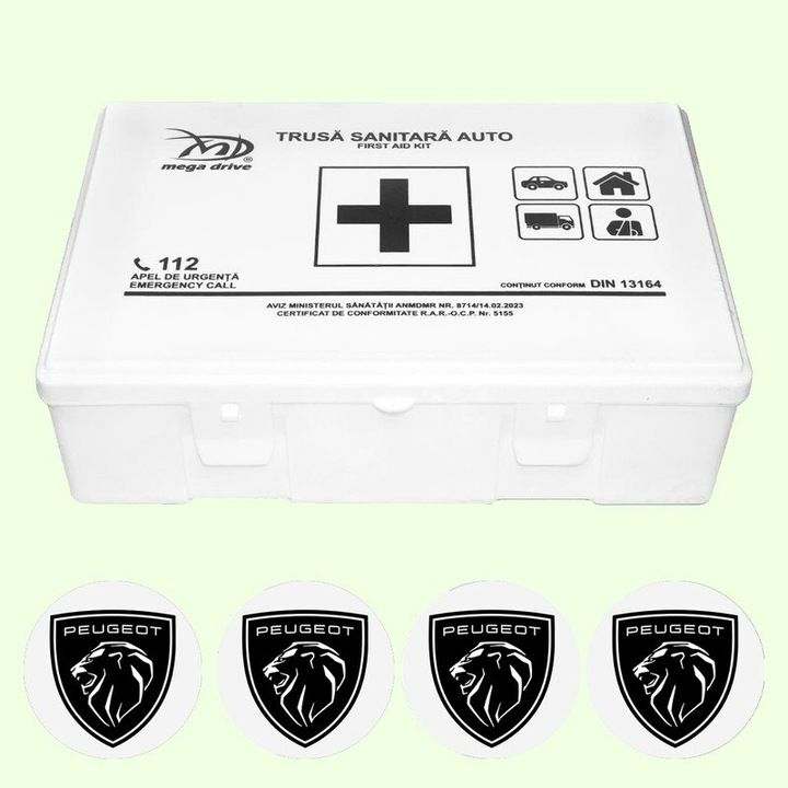Trusa Medicala Auto Omologata R.A.R De Prim Ajutor, 20 de Articole medicale DIN 13164, 4x Stickere Auto Cu Peugeot
