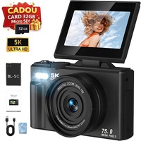 Camera Foto Digitala Compacta, 5K, 75 MP, Display LCD de 3.0 Inchi, Flip Screen 180°, Zoom 18x, Anti-shake, WIFI, Cu card SD 32G, Focalizare automata, Blit de Incorporat, Compact si Usor, Negru