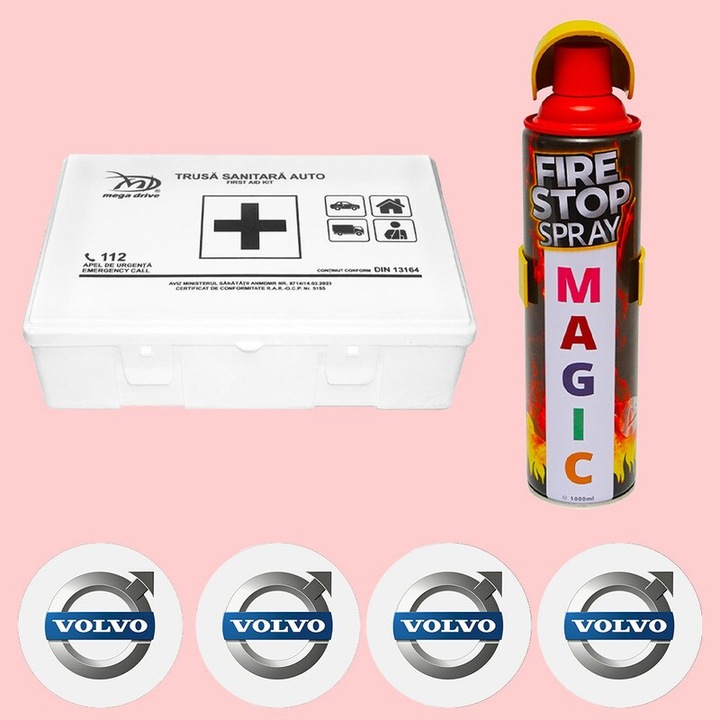 Kit siguranta trusa medicala si stingator, Trusa medicala omologata de prim ajutor, Stingator extinctor tip spray 1000ml, 4x Stickere auto cu Volvo