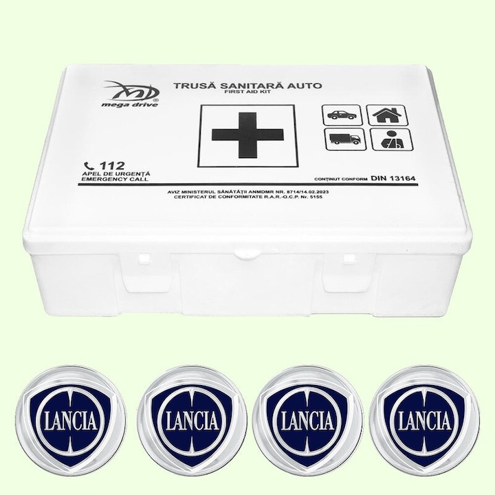 Trusa Medicala Auto Omologata R.A.R De Prim Ajutor, 20 de Articole medicale DIN 13164, 4x Stickere Auto Cu Lancia