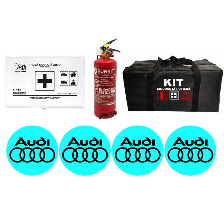 Kit Trusa siguranta rutiera auto omologat R.A.R, Stingator cu manometru P1, Trusa Medicala, si 4 stickere autoadezive AUDI