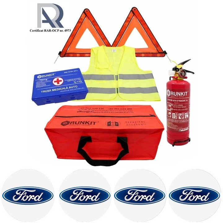 Kit Trusa siguranta rutiera auto, Omologat R.A.R, Valabilitate 5 ani, 1x Stingator cu manometru 1kg P1, 1x Trusa Medicala, 2x Triunghiuri, 1x Geanta depozitare rosie, 4x Stickere auto Ford