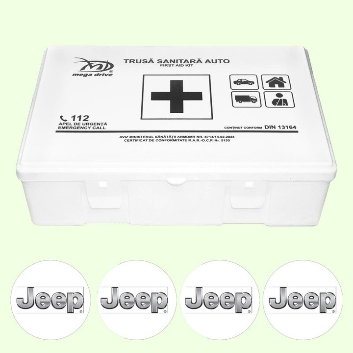 Trusa Medicala Auto Omologata R.A.R De Prim Ajutor, 20 de Articole medicale DIN 13164, 4x Stickere Auto Cu Jeep