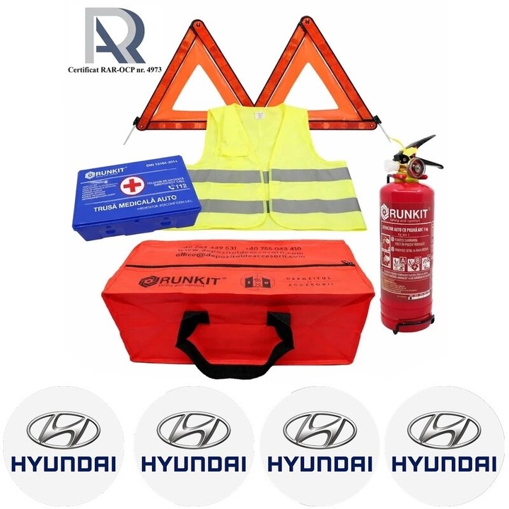 Kit Trusa siguranta rutiera auto, Omologat R.A.R, Valabilitate 5 ani, 1x Stingator cu manometru 1kg P1, 1x Trusa Medicala, 2x Triunghiuri, 1x Geanta depozitare rosie, 4x Stickere auto Hyundai