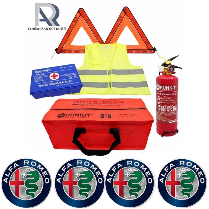 Kit Trusa siguranta rutiera auto, Omologat R.A.R, Valabilitate 5 ani, 1x Stingator cu manometru 1kg P1, 1x Trusa Medicala, 2x Triunghiuri, 1x Geanta depozitare rosie, 4x Stickere auto Alfa-Romeo