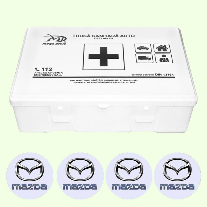 Trusa Medicala Auto Omologata R.A.R De Prim Ajutor, 20 de Articole medicale DIN 13164, 4x Stickere Auto Cu Mazda