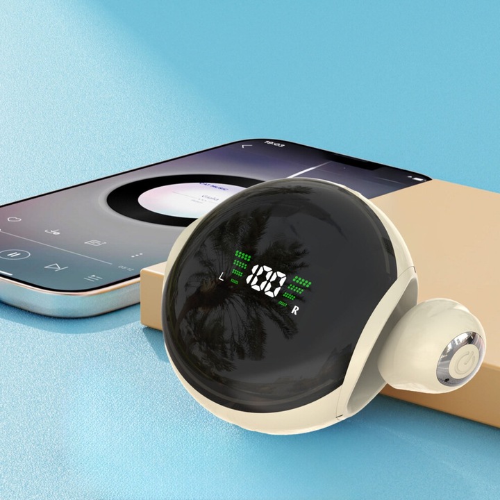 Vezeték nélküli in-ear Bluetooth 5.3 fülhallgató, térhatású hangzás, bézs, 5x5x2.5cm