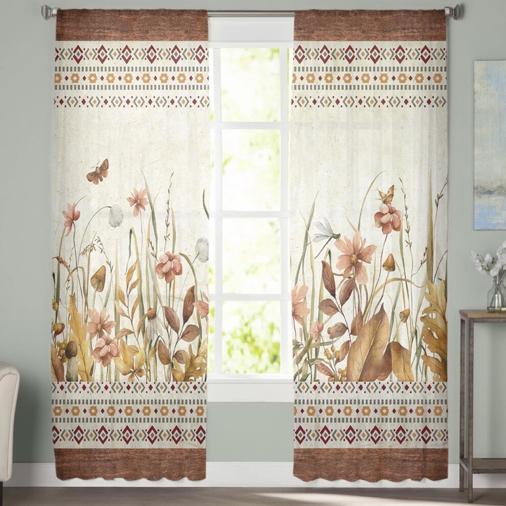 Rusztikus barna virágos fa mintás voile függöny szett 2 db 132x183cm