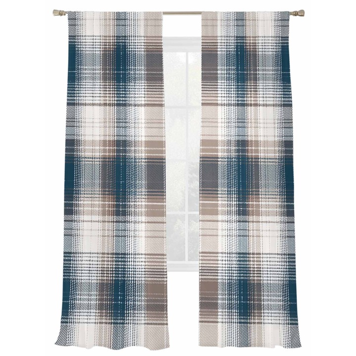 Vintage barna-sötétkék kockás voile függöny 132x274cm, 2 darabos szett
