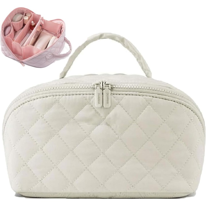 Geanta cosmetica de calatorie, design lay-flat, impermeabila, alb, 25x14x13cm