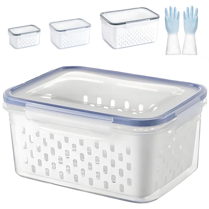 Cos plastic transparent pentru fructe cu capac detasabil, set 3 buc, 15.5x10.5x8cm-22.7x16.5x11.5cm