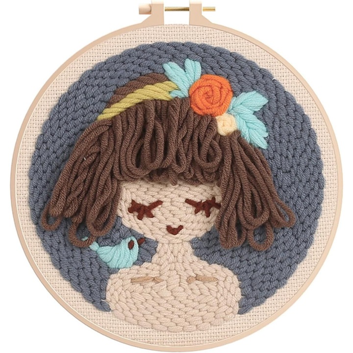 Punch Needle hímzőkészlet, rajzfilmfigura design, 20cm karika, többszínű