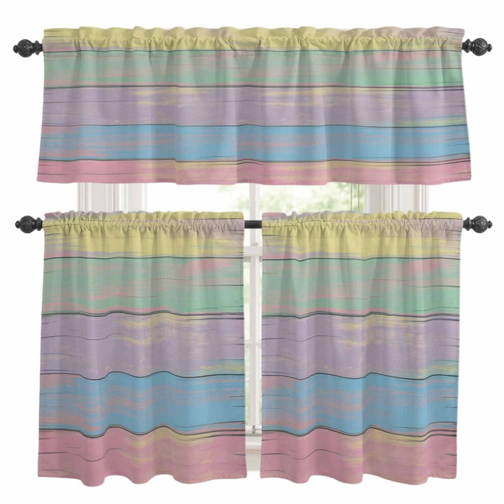 Rózsaszín fa csíkos konyhai függöny és valance szett 54x18cm+27.5x24cm+54x18cm+27.5x36cm