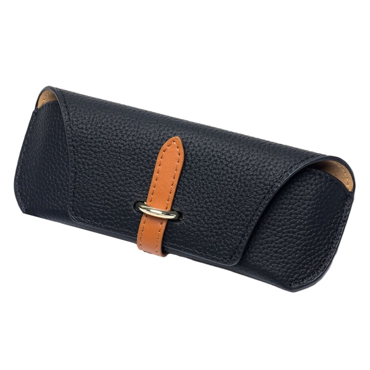 Husa ochelari, piele ecologica, buzunare protectoare, negru, 17x6.5x2.5cm