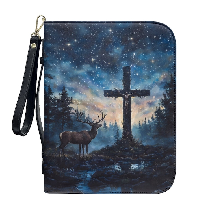 Husa Biblie piele PU imprimeu cer stele padure 2XL impermeabila maner curea detasabila