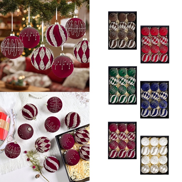 12 db többszínű textil karácsonyi gömb szett, 7cm