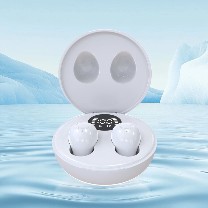 Bézs színű mini vezeték nélküli in-ear fülhallgató, térhatású hangzás, IPX5, 5.1x5.1x2.5cm