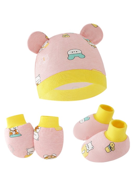 Set accesorii bebelusi caciula manusi si botosei bumbac multicolor 17x14x11.5x7.5x9.5x5.5cm