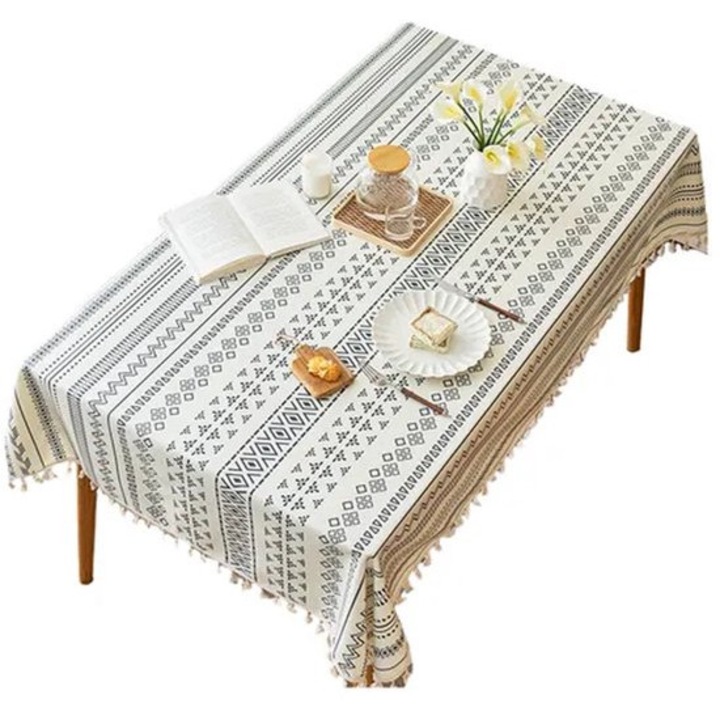 Téglalap alakú asztalterítő, vízálló, foltálló, 140x140cm, fehér, fekete boho csíkokkal