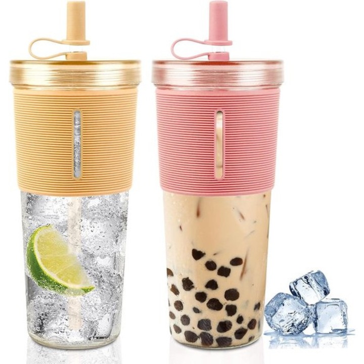 Újrafelhasználható poharak, 2 darabos szett, szigetelt, tetővel és szívószállal, 710 ml, műanyag, csúszásmentes
