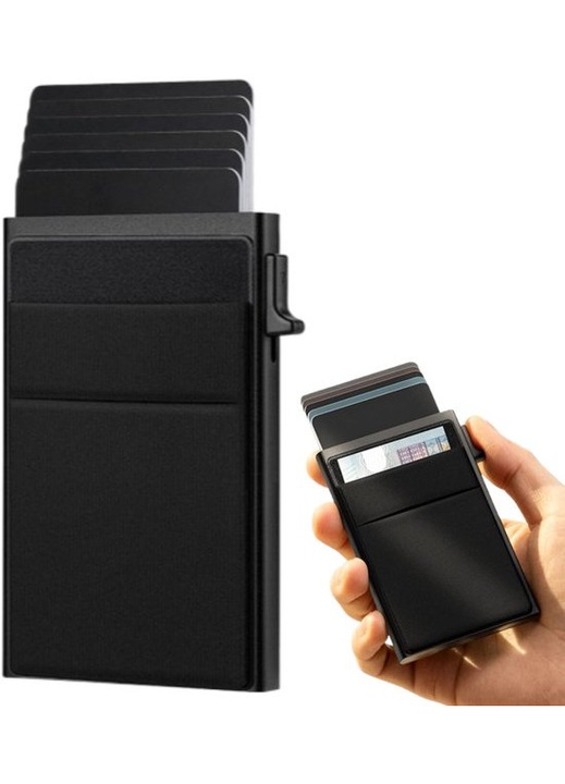 Портфейл за карти от алуминий, разтегателен, RFID, черен, 9.8x6.5x1см, 10 карти