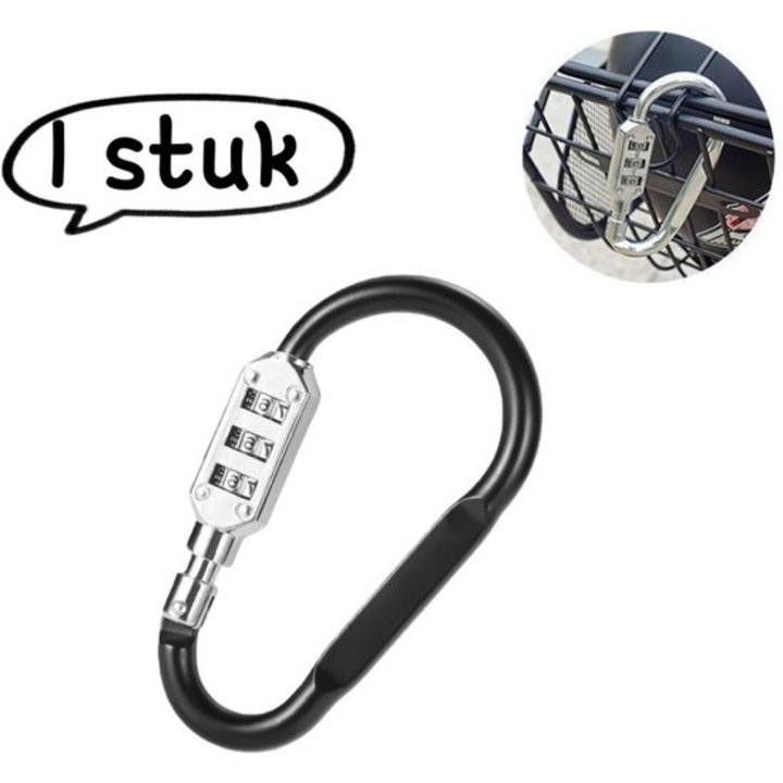Resetelhető számzár, multifunkcionális karabiner, fekete, nagy