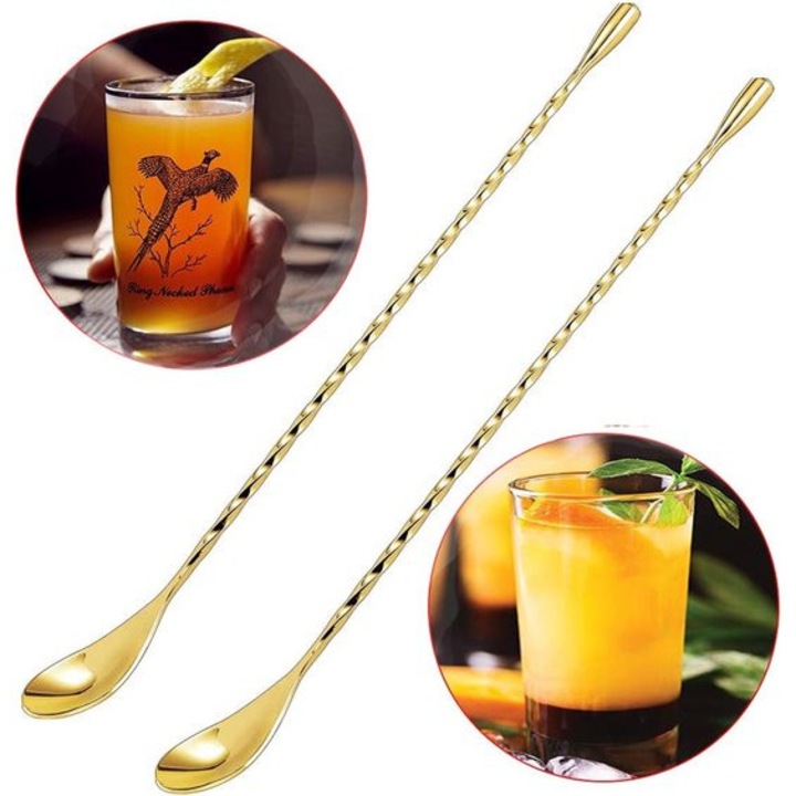 Linguri de bar pentru cocktail K0255-0804-BLCJ59356, set 2, otel inoxidabil 304, spiralate, placare aurie, 30.5 cm