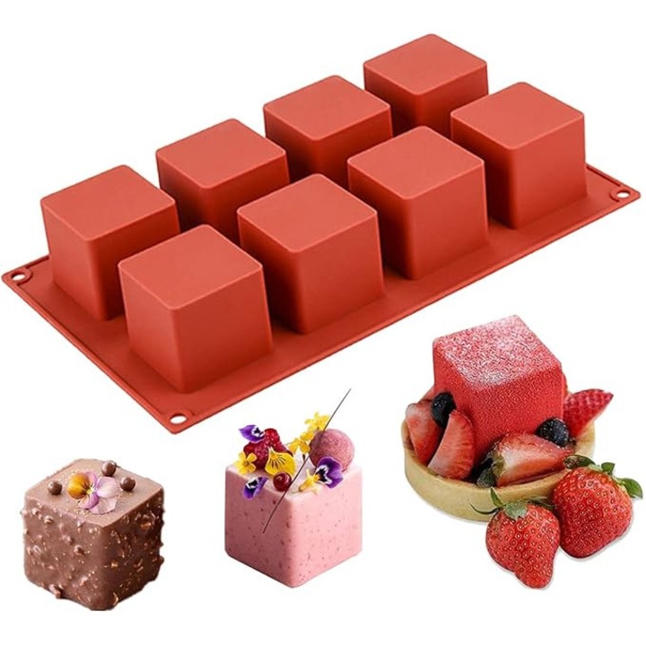 Forma patrata 3D din silicon, Forma patrata de 2" x 2" x 2" pentru copt tort mousse, forme de desert pentru cheesecake/jeleu/brownie/sapun/lumanare (8 cavitati)
