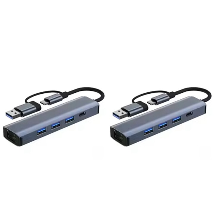 2 db USB C elosztó készlet, többportos adapter, Gigabit Ethernet, alumínium, fekete