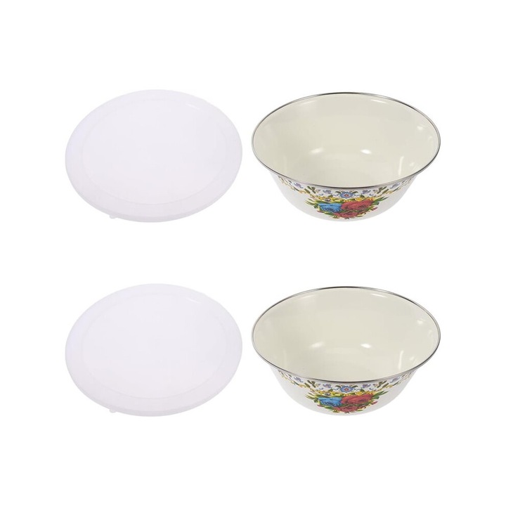 2 db retro zománcozott tál fedővel, világossárga, 20cm