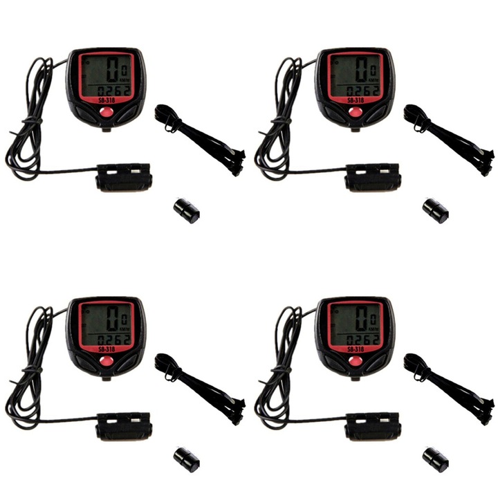 4 db vízálló kerékpárkomputer készlet, fekete-piros, LCD, kábel, 4x4x2cm