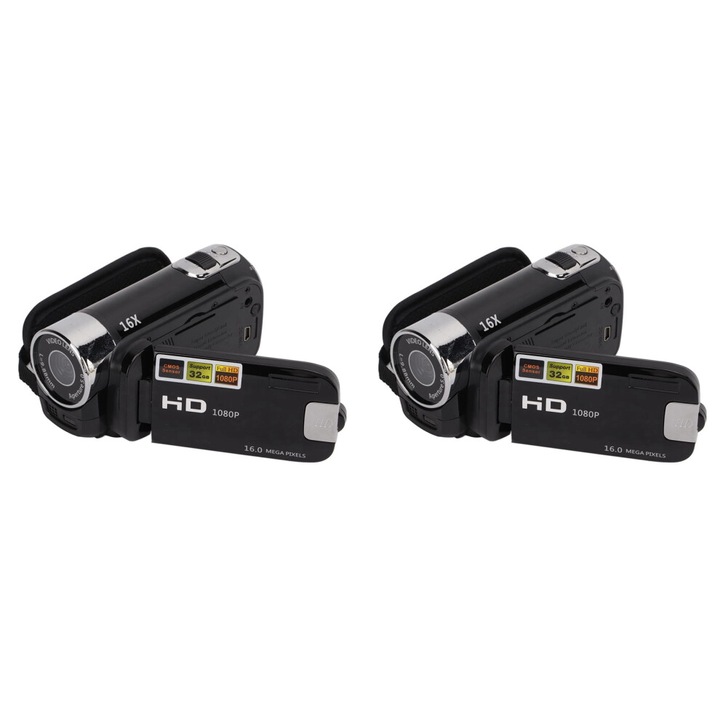 2 db digitális videokamera szett, 16MP 1080P Full HD, 270°-ban forgatható képernyő, 16X zoom, fekete, hordozható