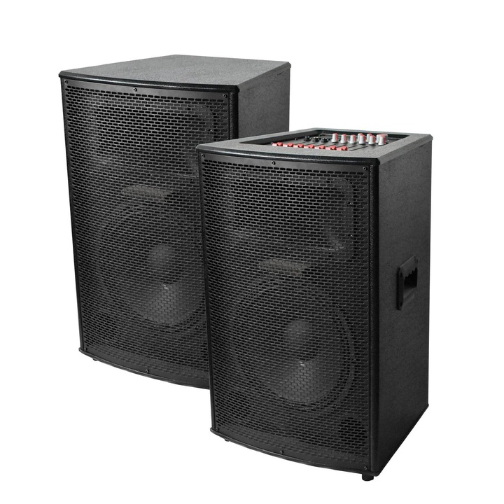 Set Boxe Active Profesionale, 2012DS, Putere 600 W, 7 Band Graphic Equalizer, Microfoane Wireless, Conectivitate Bluetooth 2 microphone fara fir si telecomanda