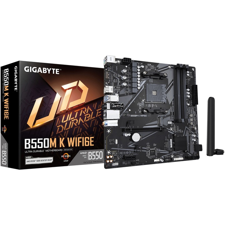 Placa de baza GIGABYTE B550M K WF6E, DDR4, AM4, BT 5.3, Negru