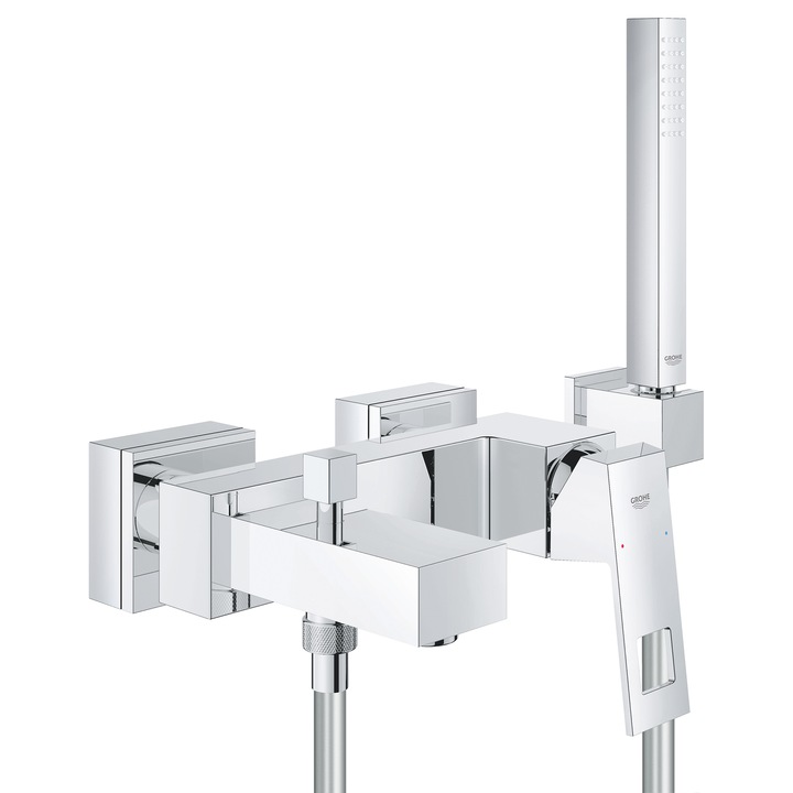 Комплкет смесител за вана Grohe Eurocube, Едноръкохватков, 1/2'', Душ слушалка, Керамичен патрон, Ограничител на дебита, Diverter, Хром