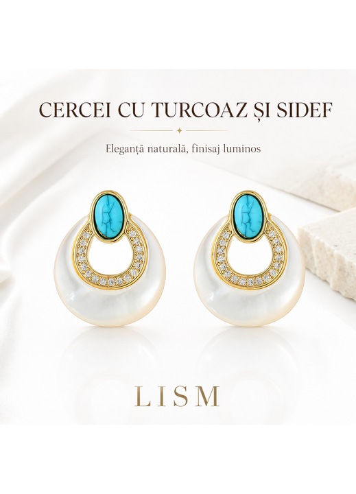 Cercei LISM cu turcoaz, sidef si zirconii cubice, design oval, ac din argint 925, placare cu aur 18K, cu cutie cadou