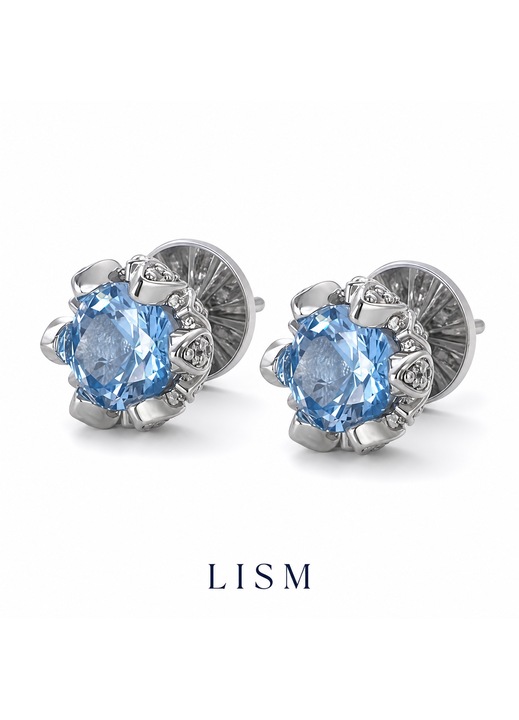 Cercei Stud LISM cu zirconiu cubic albastru, design boboc de floare, ac din argint 925, placare cu aur alb 18K, cu cutie cadou