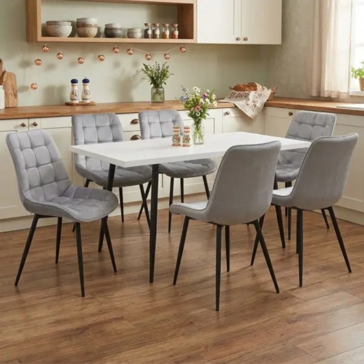 Set Masa Extensibila Bucatarie / Dining Lisabona Alba ARTA TABLE 140-185 x 80 cm cu 6 Scaune Onix Gri, Tapitate Catifea, Picioare Metalice Negre