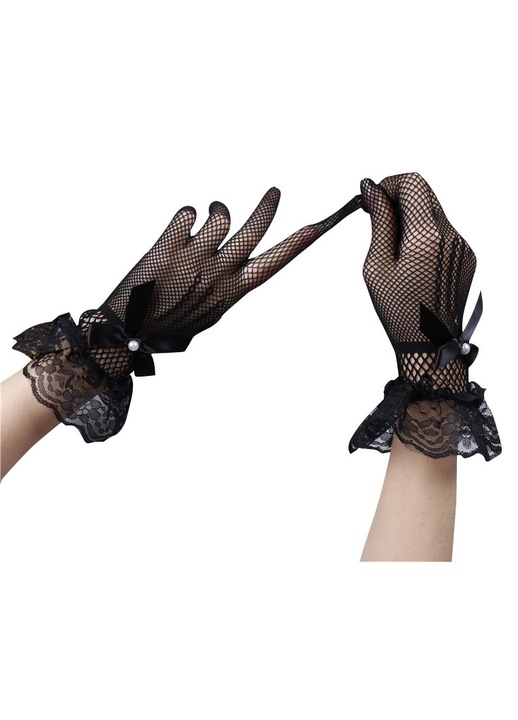 Manusi din plasa elastica pentru femei - Manusi sexy cu cinci degete, stil Lolita, scobite in interior, accesoriu de dans pentru mirese