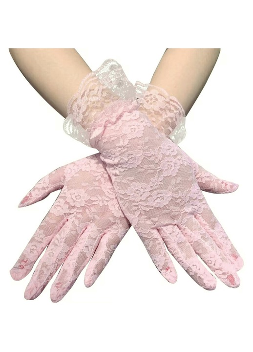Manusi roz pentru femei cu model de dantela - Manusi vintage elegante cu degete intregi