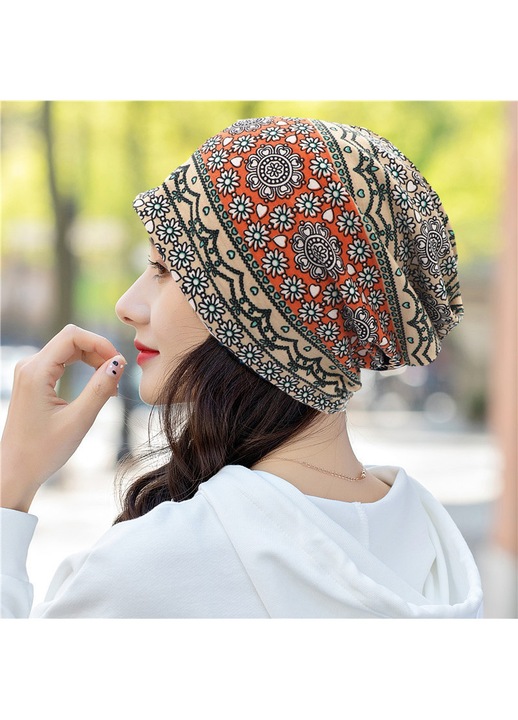 Caciula beanie lejera din bumbac si poliester etnic - unisex, potrivita pentru multe stiluri si pentru maternitate